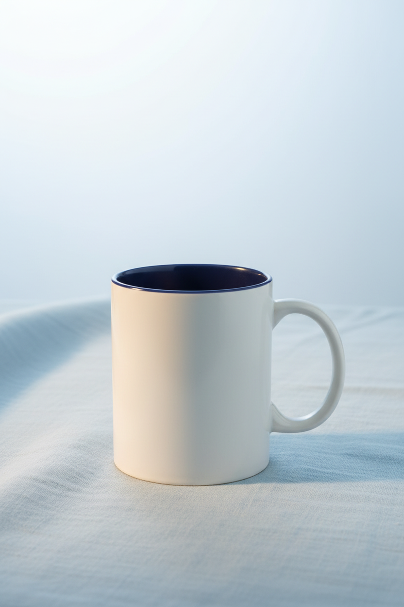 Mug blanc intérieur bleu marine mis en valeur
