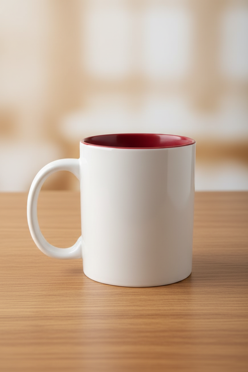 Mug blanc intérieur rouge mis en valeur