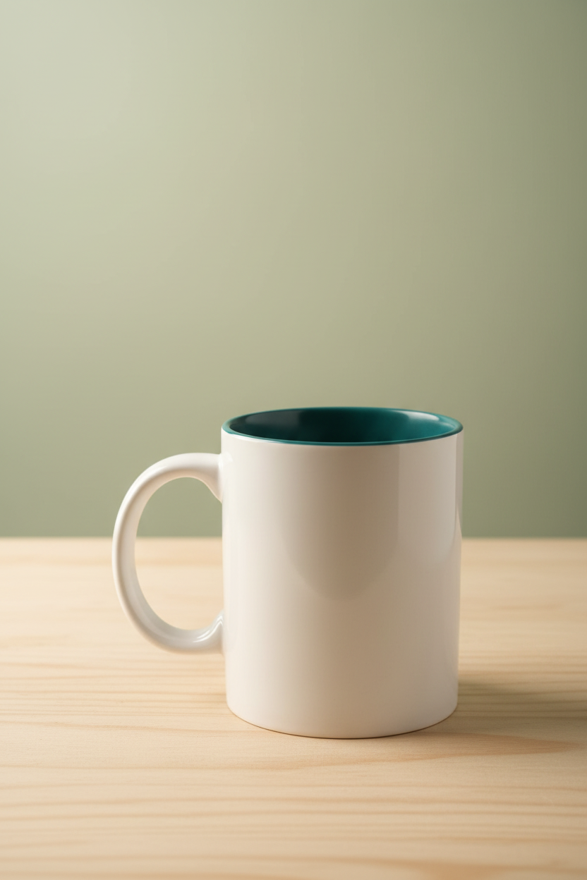 Mug blanc intérieur vert canard mis en valeur